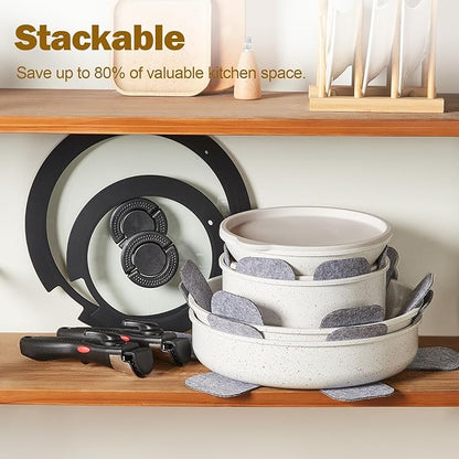 17pcs Pots and Pans Set Non Stick from France, Ceramic Cookware Set with Removable Handle, Induction RV Kitchen Cookware Set, Stackable, PFOA and PFAS Free, Oven Safe