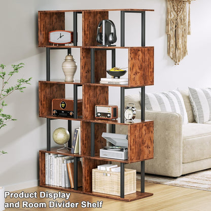 Furologee 6 Tier Bookshelf, S Shaped Geometric Bookcase, Rustic Brown