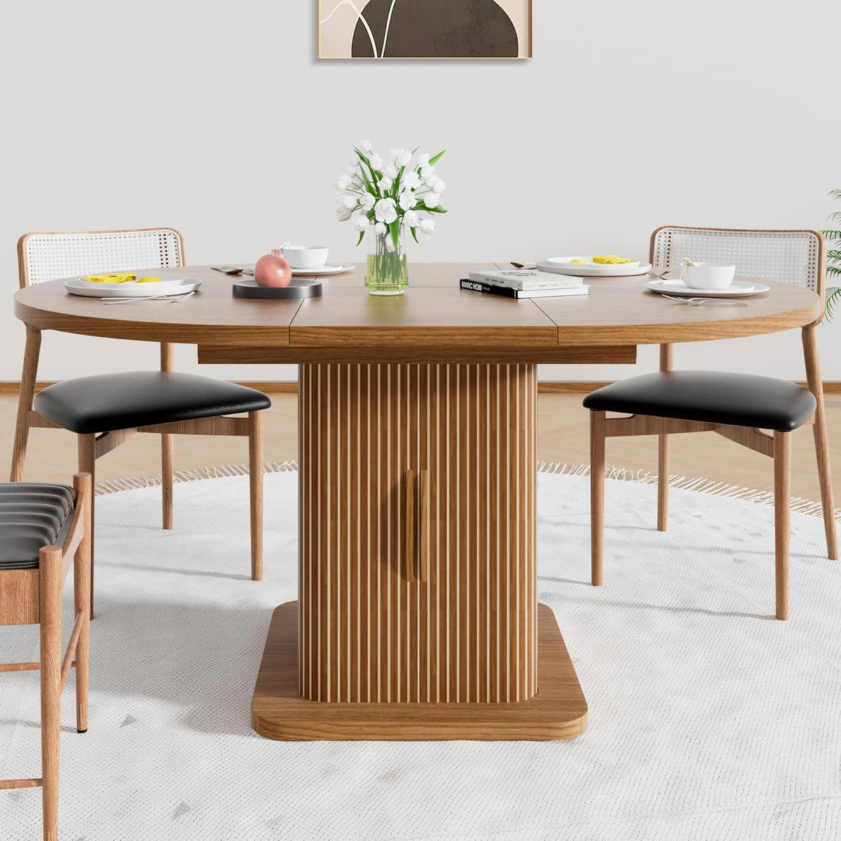 Extendable Round Dining Table for 4-6-8, 59 Inch Dining Room Kitchen Table with Storage, Fluted Wood Slide Door, Modern Oval Circle Dinner Furniture for Living Room, Farmhouse, Brown, Walnut