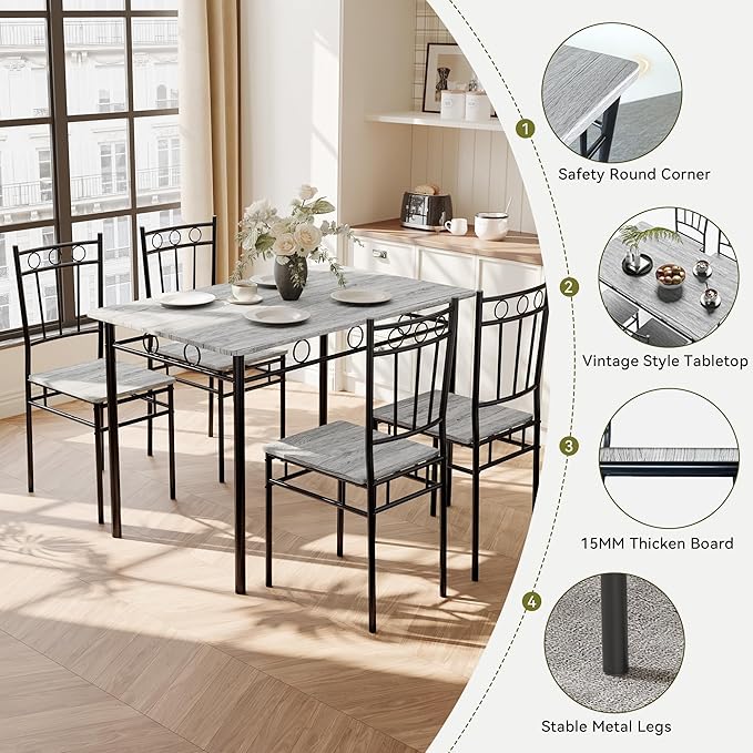 5 Piece Dining Table Set, Wood Kitchen Table and Chairs for Small Space,Breakfast Nook,Easy Assembly,Grey