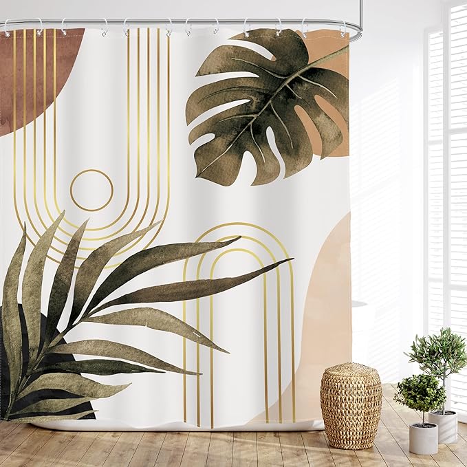 Glawry Boho Brown Shower Curtain 60Wx72L Inches, Abstract Bohemian Mid Century Bathroom Curtains, Plant Botanical Palm Leaf Shower Curtain Set Bath Accessories Fabric Waterproof 12 Hooks