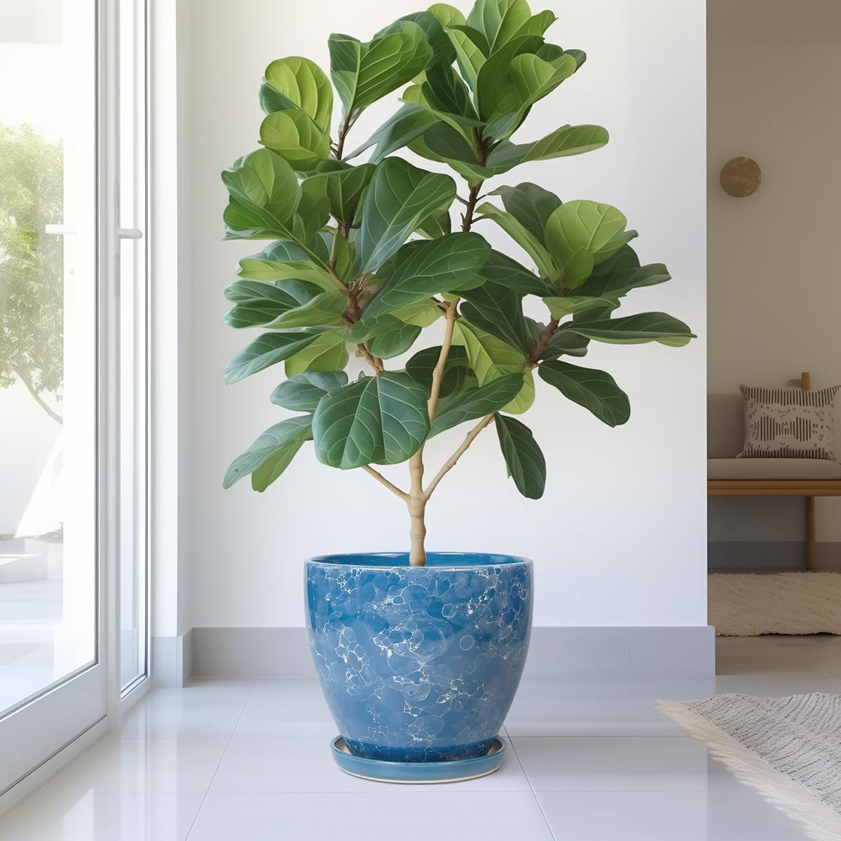 Ceramic Flower Pot - 10 Inch Planter with Drainage Hole and Saucer, Modern Large Planters, Decorative Plant Pot for Indoor Ourdoor, Room Home Garden Porch Decor, Plant Lover Gifts, Blue