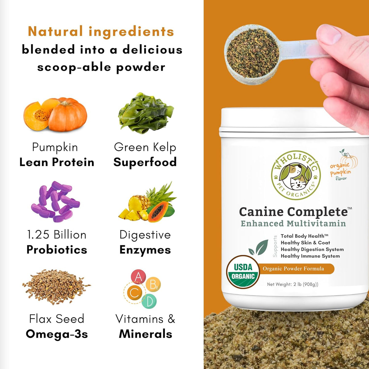 Wholistic Pet Organics Canine Complete - Dog Multivitamin Powder - 2 Lb - Daily Dog Vitamins and Supplements for Homemade Food - Immune System, Skin, Coat & Overall Health - Small and Large Breed