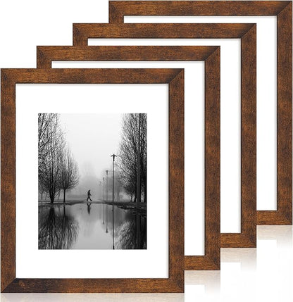 11x14 Picture Frame Set of 4 with Tempered Glass, Rustic Frame Display 8x10 Pictures with Mat or 11 x 14 Without Mat, Wooden Photo Frames for Wall Mounting