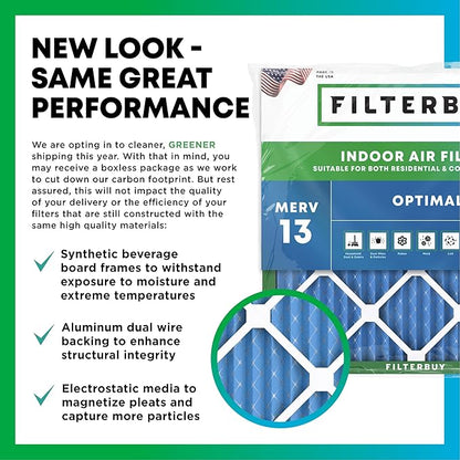 Filterbuy 20x24x2 Air Filter MERV 13 Optimal Smoke & Allergy Defense (3-Pack), Electrostatic Pleated HVAC AC Furnace Filters Replacement, Made in USA (Actual Size: 19.38 x 23.38 x 1.75)