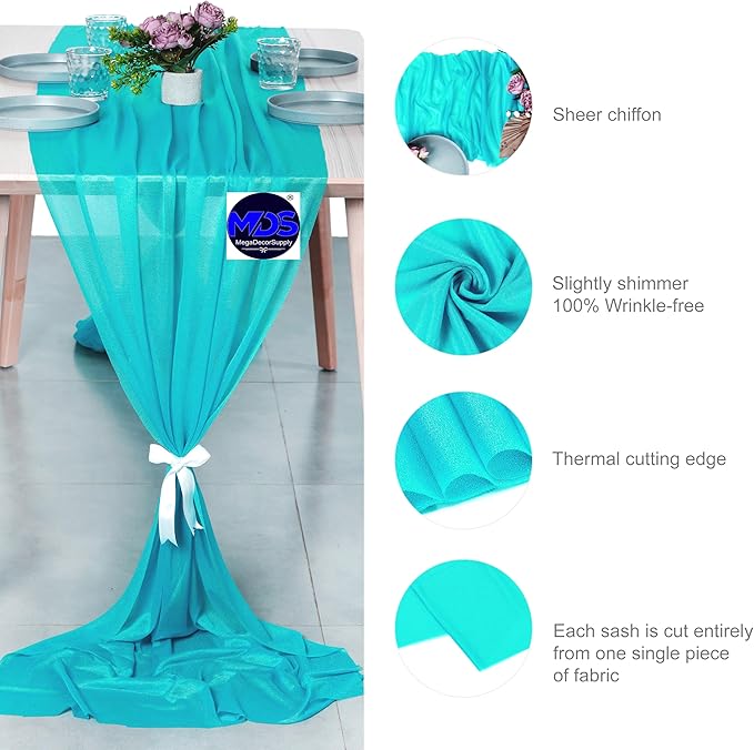 MDS 2 Pack 10ft Chiffon Table Runner 29 x 120 Inches Sheer Wedding Runner Romantic Rustic Table Runner for Wedding Decorations, Birthday Parties, Bridal Shower Party Arch Decor - Peacock Blue