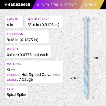 Sandbaggy 6 Inch Galvanized Artificial Turf Stakes - Spiral Landscape Nails - Ground Spikes/Pins for Synthetic Grass, Lawn, Edging, Weed Barrier Fabric, Garden (Steel (7 Gauge), 400)