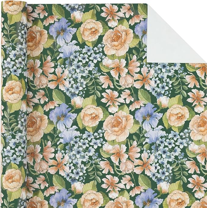 WRAPAHOLIC Kraft Floral Wrapping Paper Roll - Mini Roll - 17 Inch x 16.5 Feet - Vintage Flower Wrapping Paper Perfect for Wedding, Birthday, Bridal Shower, Tea Party