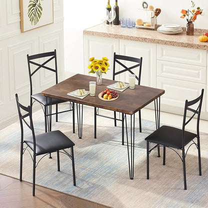 VECELO 5-Piece Dining Table Set for Home Kitchen Small Space Breakfast Nook, 4 Faux Leather Metal Frame Chairs, Retro Brown