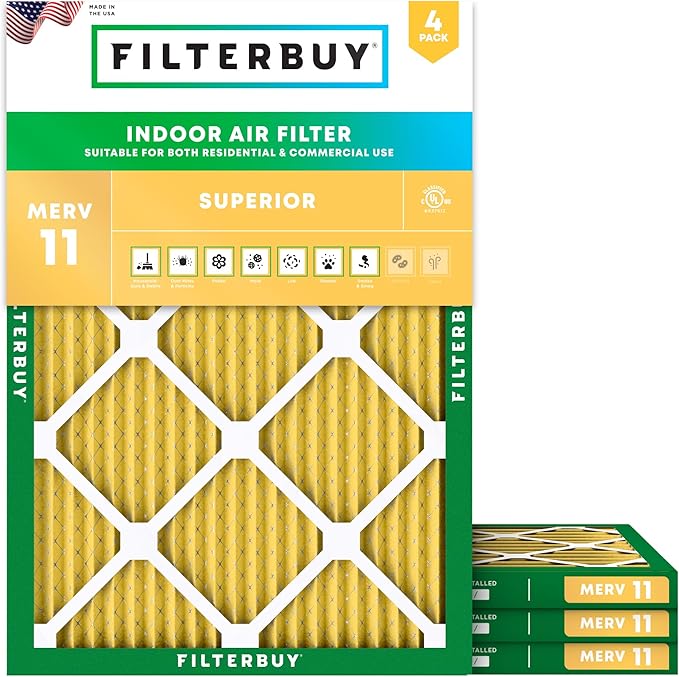 Filterbuy 28x30x1 Air Filter MERV 11 Superior Pet & Allergy Defense (4-Pack), Electrostatic Pleated HVAC AC Furnace Filters Replacement, Made in USA (Actual Size: 27.75 x 29.75 x 0.75)