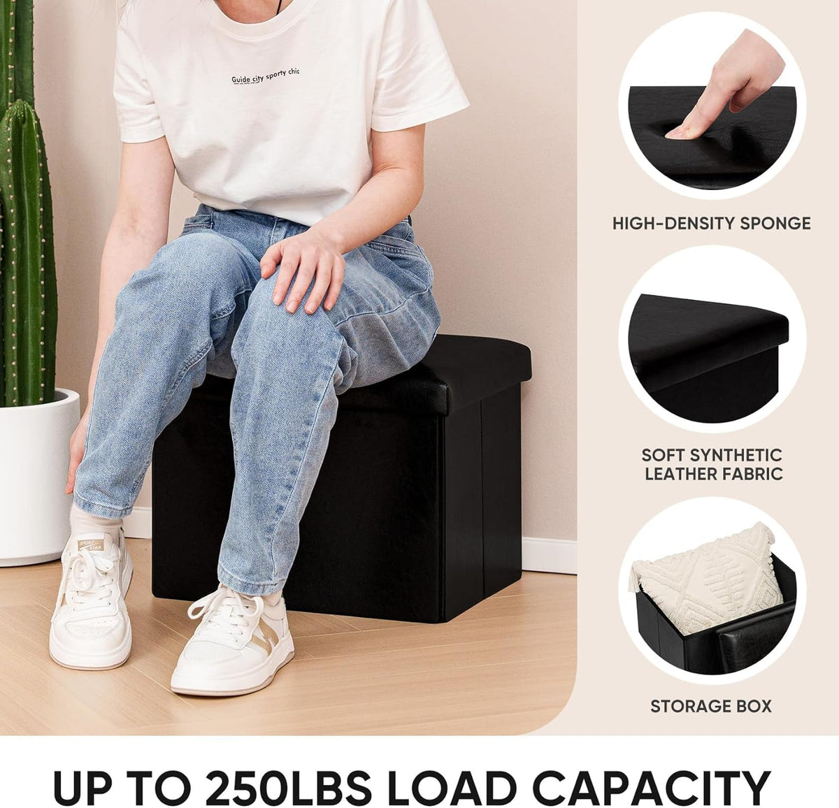 B FSOBEIIALEO Folding Storage Ottoman Cube Faux Leather Ottomans for Living Room, Bedroom, Home Office, Dorm Storage Footrest Black 16.5"x12.6"x12.6"