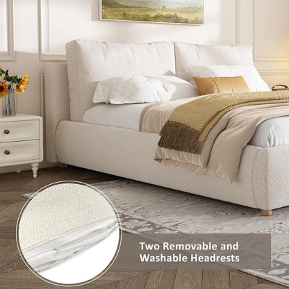 Christopher Knight Home Hazel Queen Size Bed Frame, Upholstered Platform Bed, Soft Boucle Queen Headboard, Removable Pillows Headboard, Wood Slats Support, No Box Spring Needed, Easy Assembly, White