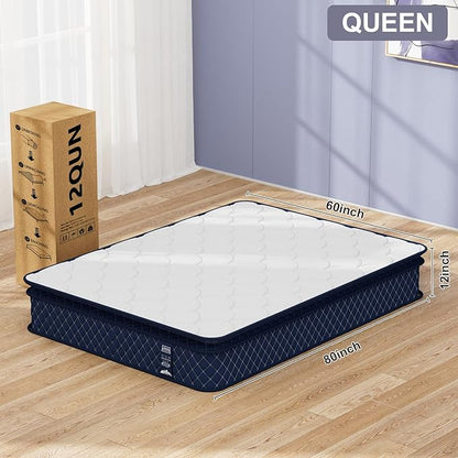 Queen Mattress 12 Inch, Hybrid Mattress in a Box, Soft & Comfortable Medium Firm, Motion Isolation, Pressure Relief, CertiPUR-US Certified (80"*60"*12")