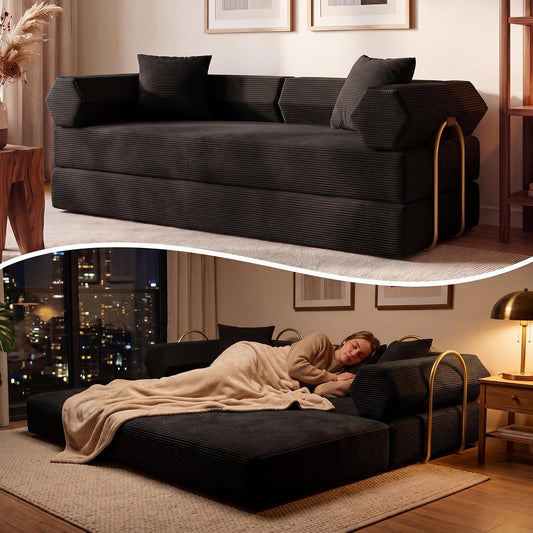 79" Convertible Futon Sofa Bed, Couch for Living Room | Black | 5-in-1 Corduroy Modular Futon Couch with Pocket Springs, Sleeper Sofa, Pull Out Couch Bed, No Assembly