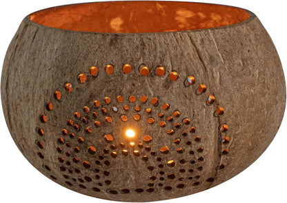 Restaurantware-Coco Casa 4 x 3.3 Inch Coconut Shell Candle Holders, 1 Reusable Tealight Holders - Candle Not Included, Rainbow Pattern, Tan Coconut Bowls for Candles, Handcrafted
