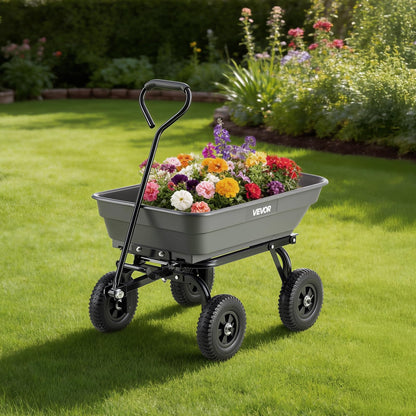 VEVOR 400LBS Wheelbarrow, Poly Garden Dump Cart Wagon with 8" Flat Free Tires, Heavy Duty Wheel Barrow Yard Cart Dump Wagon with Quick-Release System