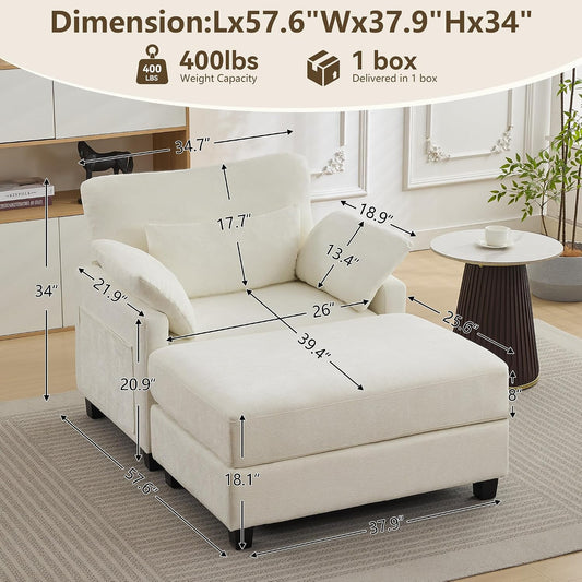 WUTUTUEE 57.5" Oversized Chaise Lounge with Ottoman Indoor, White Reading Chair with Ottoman & Sofa Bed, Chenille Upholstered Comfy Sleeper Chair for Living Room, Bedroom, Office