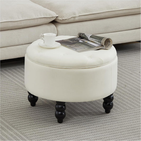 24 Inch Round Ottoman with Storage, Tufted Linen Storage Bench for Bedroom, Living Room & Entryway, Modern Upholstered Coffee Table with Wooden Black Legs, Beige