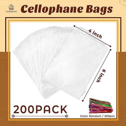 LOKIQNG Cellophane Bags Plastic Treat Bag Clear Cookie Candy Bags with Twist Ties for Party Favor Bag(200PACK, 4x6inch)