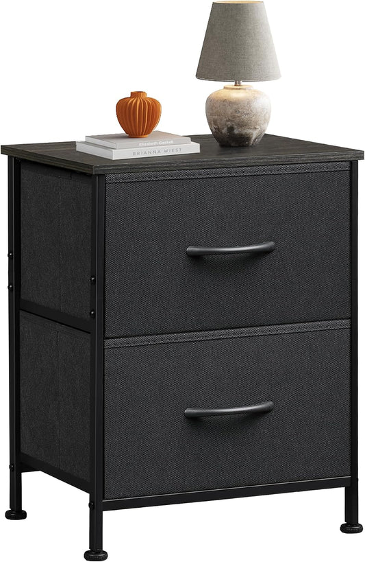 WLIVE Black Night Stand, Small Dresser with 2 Drawers & Wooden Top, Nightstand with Fabric Bins, Bedside Table End Table for Bedroom, Closet, Entryway, College Dorm, Charcoal Black | Nightstand with Fabric Bins, Bedside Table End Table for Bedroom
