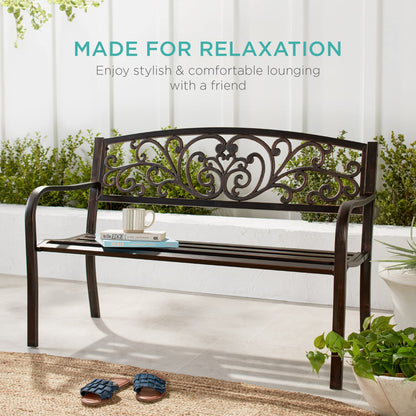 Best Choice Products Outdoor Bench Steel Garden Patio Porch Furniture for Lawn, Park, Deck w/Floral Design Backrest, Slatted Seat - Black
