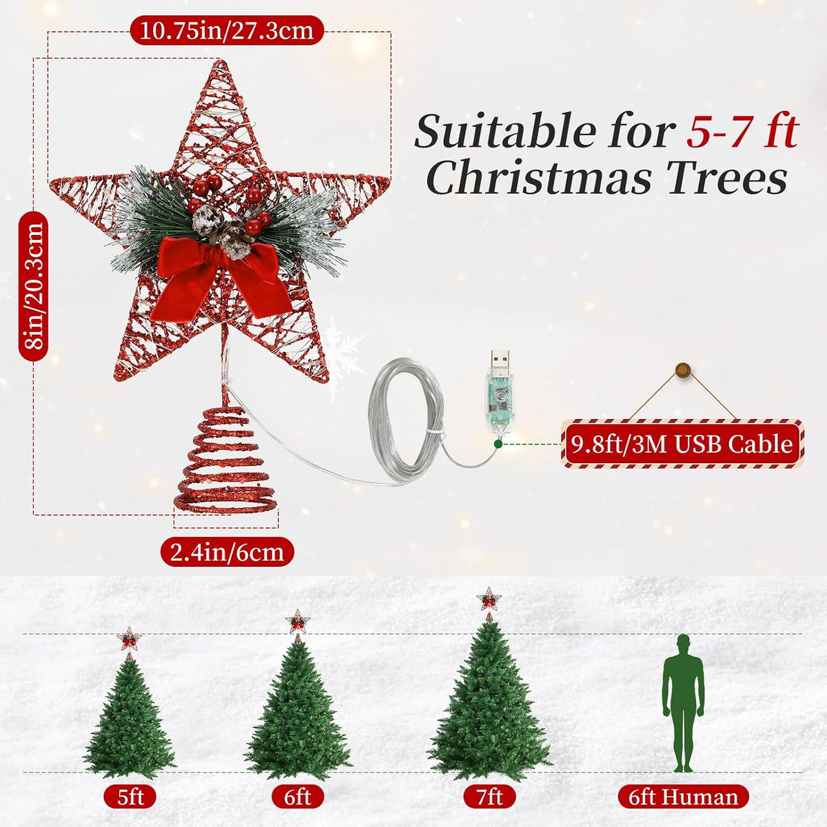 Lewondr Christmas Tree Topper, 8'' Small Metal Christmas Star Tree Topper with Pine Leaves and Bow, 30 LED Bulbs, 6H Timer, 8 Light Modes, USB & Remote Control Star Treetop for Home Xmas Decor, Red