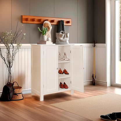 ZENY Bathroom Floor Storage Cabinet with Double Door + Adjustable Shelf, Wooden Organizer Cabinet for Living Room, Bathroom, Bedroom, Modern Home Furniture (White)