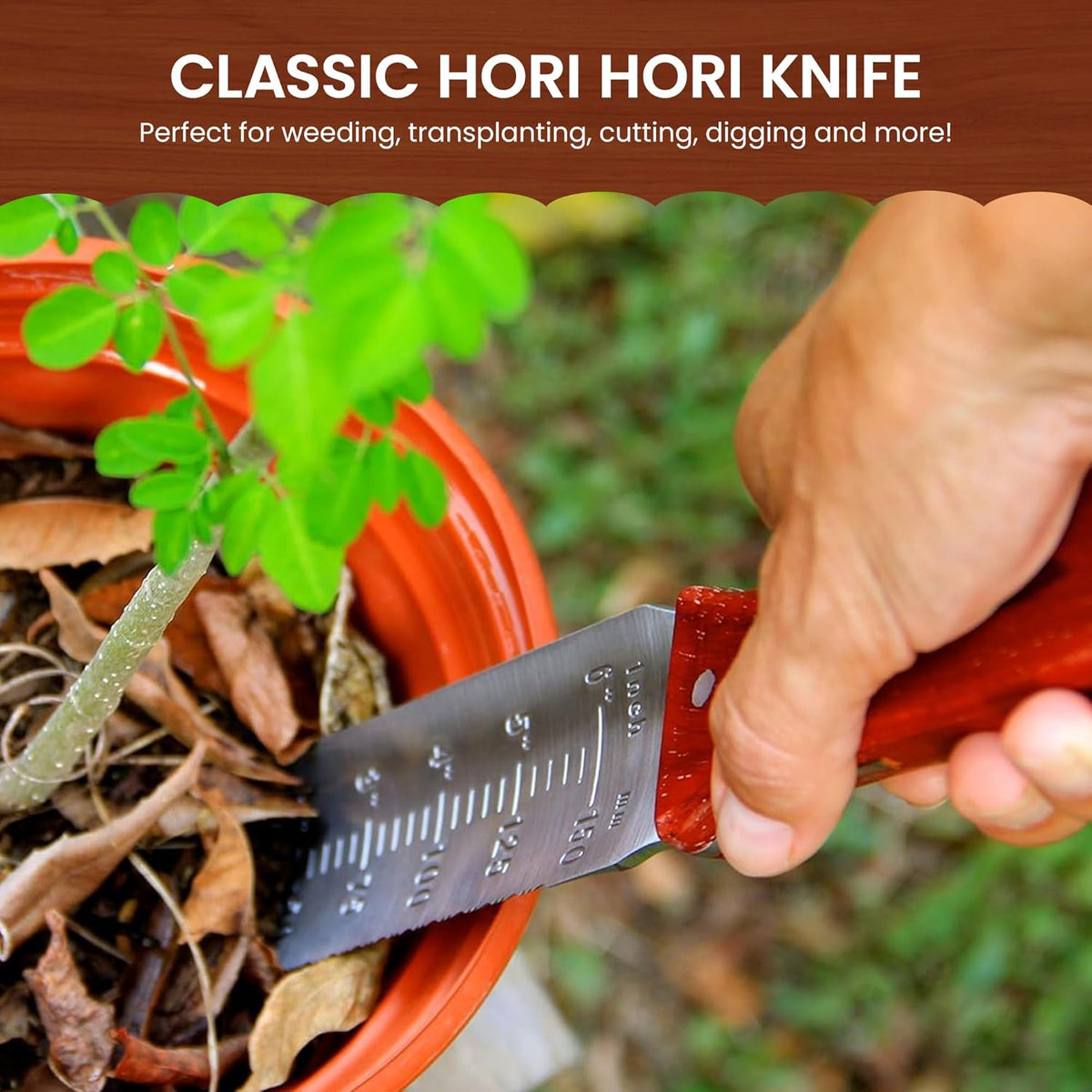 Garden Guru Hori Hori Gardening Knife for Weeding, Digging, Pruning, and Cultivating - Stainless Steel Full Tang Blade | Marks for Measuring Planting Depth (4 Pack)