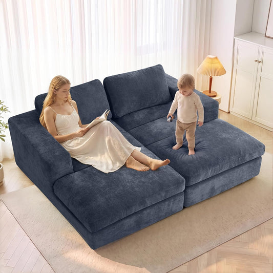 Oversized Double Chaise Lounge Chair, Cloud Sofa Bed, Blue | 59" Deep Seat Couch, Modular Oversized Loveseat, Soft Cloud Sofa, 4 Pillows, 10" Wider Armrests, Chaise Lounge Chair Indoor