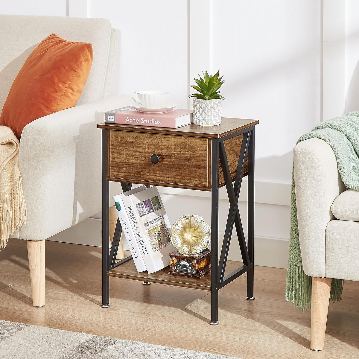 VECELO Nightstands Set of 2, Modern Bedside End Tables, Night Stands with Drawer and Storage Shelf for Living Room Bedroom, Industrial Metal Frame