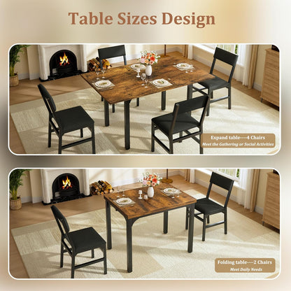 HUAHUU 5-Piece Dining Table Set for 4, Extendable Kitchen Table Set with 4 Upholstered Cushion Chairs, Rectangle Table with Metal Frame & MDF Board, Folding Space-Saving for Small Apartment, Rustic