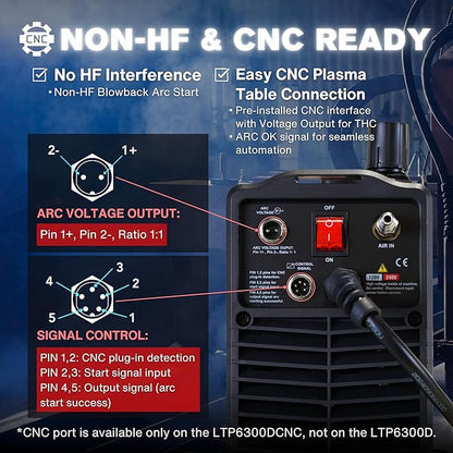 LTP6300DCNC | 63A CNC-Enabled Plasma Cutter, Drag-Cut Enables, Non-HF Blowback Pilot Arc, 3/4" Clean (1" Sever), THC/ARC OK, Dual-Voltage 110/220V, LED Controls, Portable Air Plasma Cutter