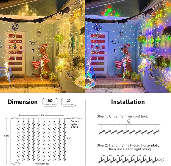 JMEXSUSS 300LED Dual Color Changing Curtain Lights with Remote, 9.8 x 9.8ft Connectable Plug in Christmas String Lights for Bedroom Backdrop Outdoor Decor, Warm White to Multicolor
