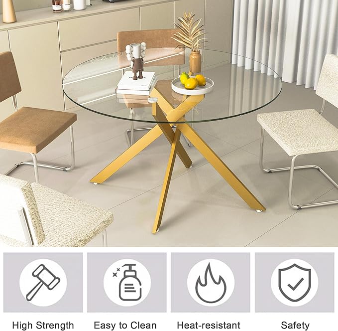 47.24" Round Glass Dining Table Modern Kitchen Glass Top Table for 6 with Gold Metal Legs, Clear Dining Table Kitchen Table for Home Office Dining Room