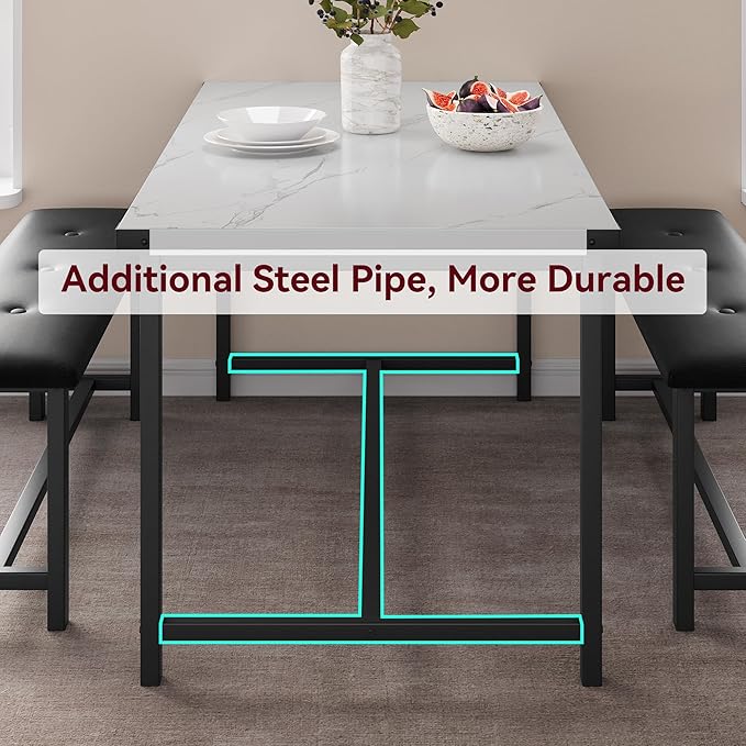 Dining Table Set for 4, Dining Room Table Set with 2 Upholstered Benches, Small Kitchen Table Set, 3 Piece Farmhouse Rectangular Dining Room Table Set, Space Saving Dining Table for Apartment