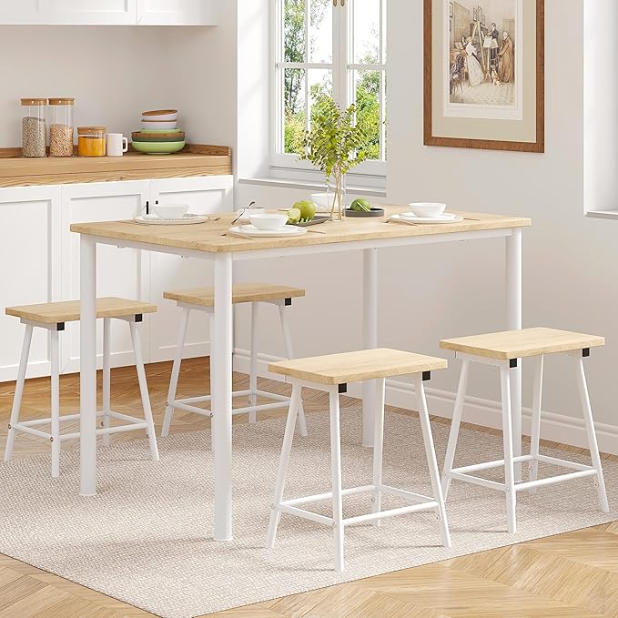 VECELO Kitchen Table and Chairs for 4, Dining Room Set with Chairs/Stools, Heavy-Duty Metal Frame with Wooden Tabletop for Small Spaces, Easy Assembly, Natural Oak