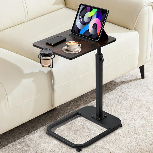 facka Adjustable TV Tray Table with Rounded Metal Corners, C-Shaped Snack Table for Couch, Sofa, Bed or Chair, Small Space Side Table for Eating, Dinner, or Laptop Use