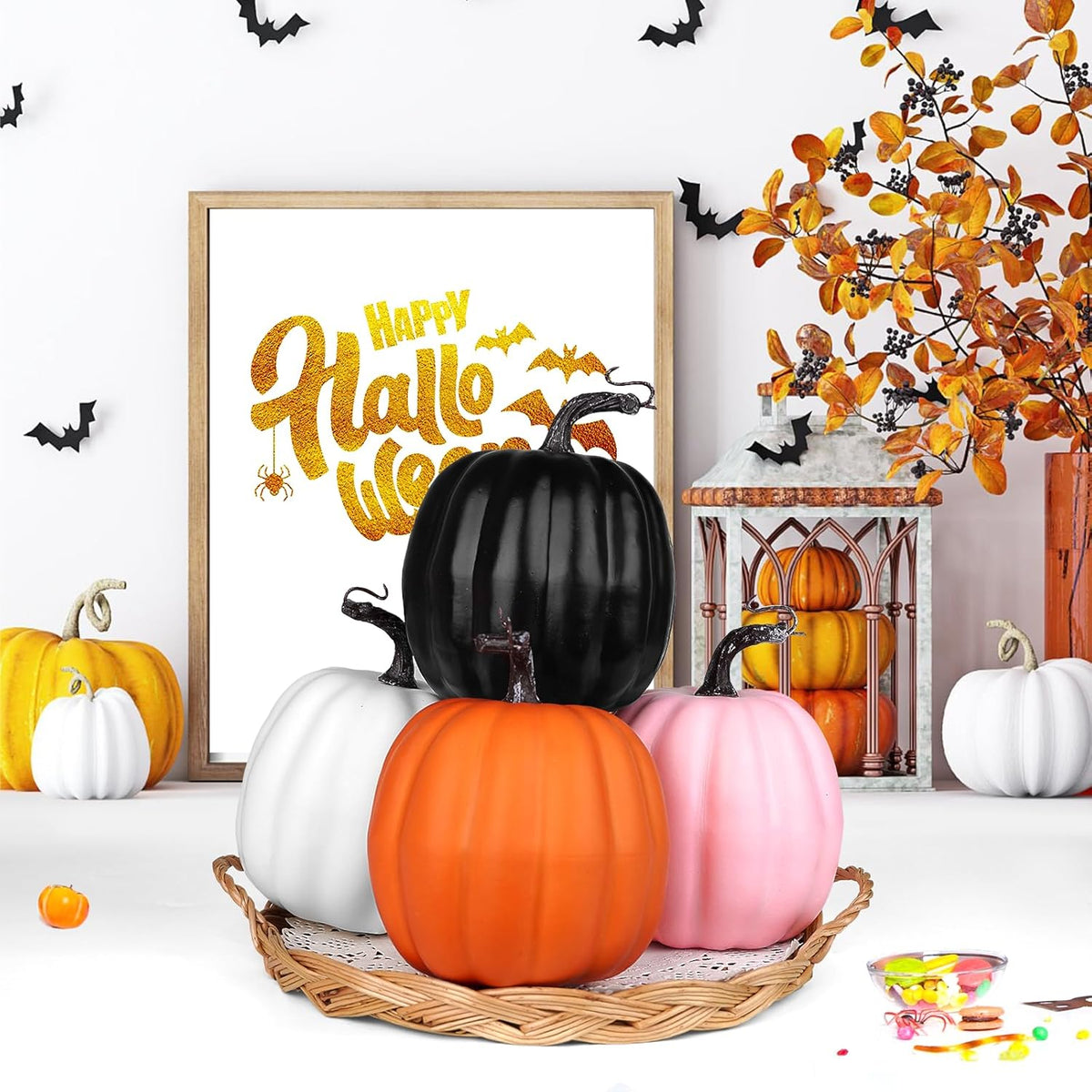 Artmag 6 Inch Large Artificial Pumpkins, 4PCS Big Colorful Pumpkins Faux Foam Harvest Pumpkins for Fall Autumn Thanksgiving Seasonal Holiday Decor Decorations