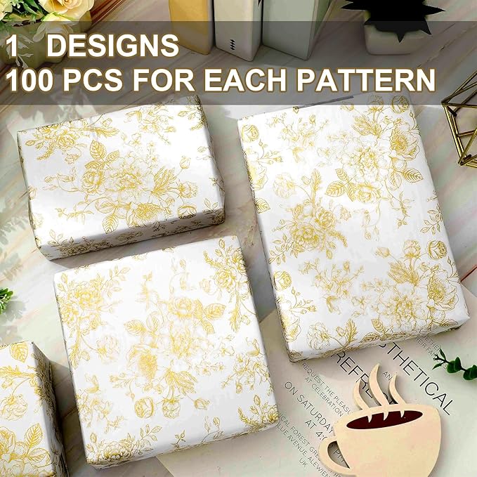 JarThenaAMCS 100 Sheets Floral Tissue Paper Gold Flower Gift Wrapping Paper Vintage Decorative Art Paper for Home Party DIY Crafts Supplies, 14 x 20 Inch