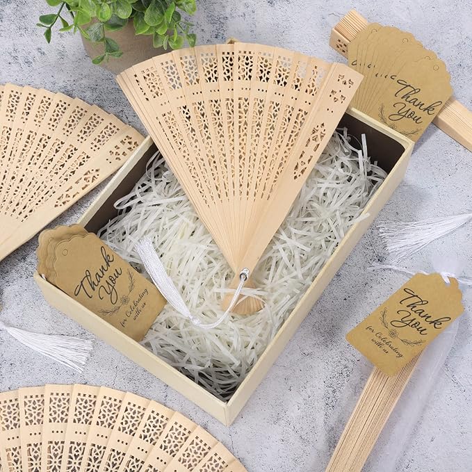 Aodaer 100 Pieces Wooden Folding Fan Sandalwood Folding Hand Fan Openwork Vintage Chinese Fan with White Tassel, Organza Bag and Greeting Cards for Wedding Birthday Party Favors Home Decorations