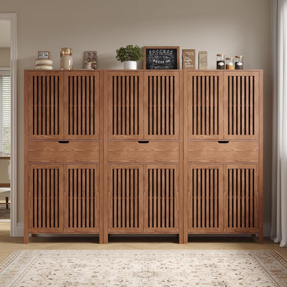 BVIUNTWO Set of 3 Farmhouse Tall Storage Cabinets, Wooden Kitchen Pantry Cupboards with Slatted Doors, Drawer & Adjustable Shelves for Kitchen, Dining & Living Room Storage, 68.8 Inch, Brown
