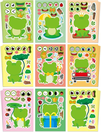 Aowplc 32 Sheets Frog Make-a-Face Stickers for Kids 8 Cute Designs Frog Craft Activities & Party Favors