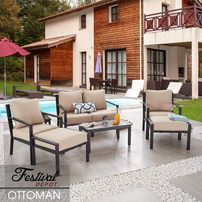 Festival Depot Dining Outdoor Patio Bistro Furniture Ottoman Footstool with Slatted Steel Frame Legs with Embed Premium Fabric Soft & Comfortable 4.3" Cushion Foot Rest for Garden Yard All-Weather