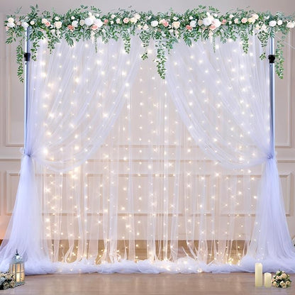 10ft x 10ft White Tulle Backdrop Curtain with Lights String for Parties Wedding Bridal Shower Sheer White Curtain Backdrop for Birthday Baby Shower Photo Booth Background Decorations