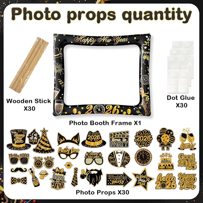 2026 New Year Photo Booth Inflatable Frame Kit, 30Pcs New Years Photo Booth Props with Inflatable Picture Frame Black Gold Decorations for New Year Eve Party Selfie Props Supplies