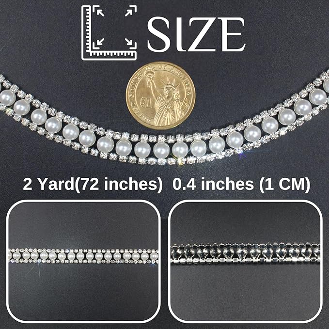 PEARLY JUN 1 Yard Pearl Rhinestone Trim Chain Silver Crystal Fringe Diamond Applique Ribbon String Tassel Strip (Silver-150, 2 Yards)