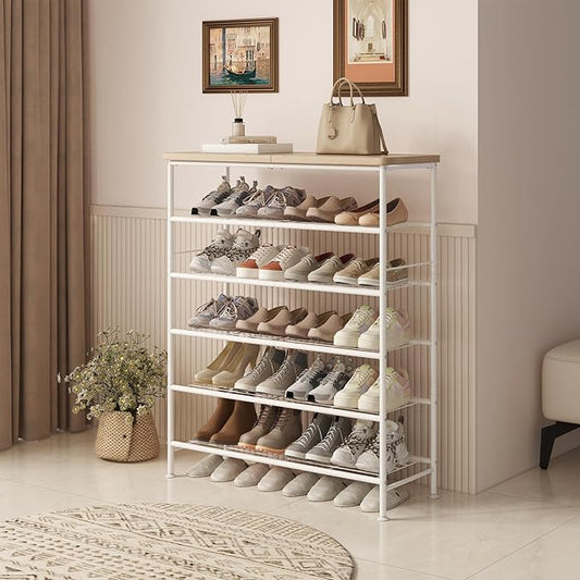 Shoe Rack Organizer 6 Tier for Closet Entryway Free Standing Metal Storage Shoe Shelf with MDF Top Board，White+Oak
