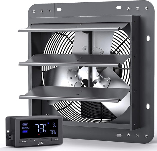iLiving 12" Wall Mounted Shutter Exhaust Fan, Automatic Shutter, Temperature and Humidity Controls with Variable Speed, 960 CFM at 1600 RPM DC Motor
