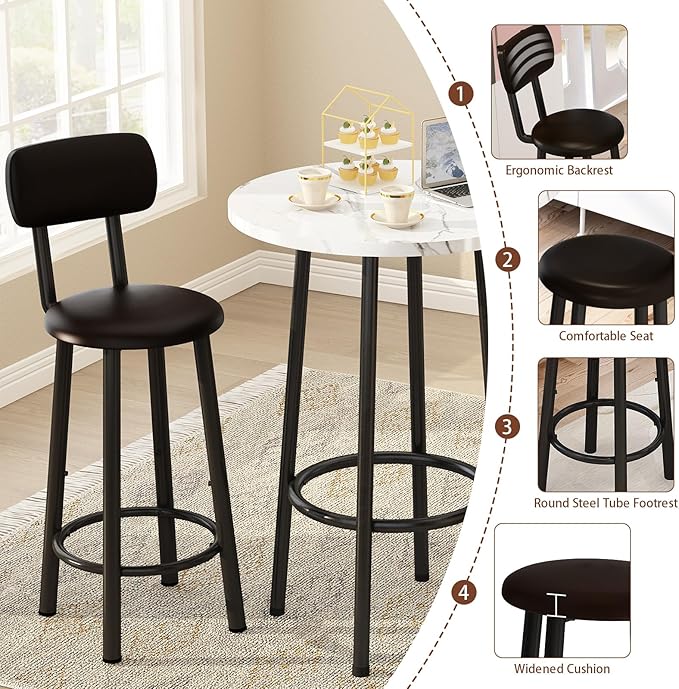 Dining Table Set, 23.6" Round Faux Marble Table with 2 PU Upholstered Backrest Chairs, 3-Piece Kitchen Dining Room Set for Small Spaces, Kitchen, Restaurant Furniture, White