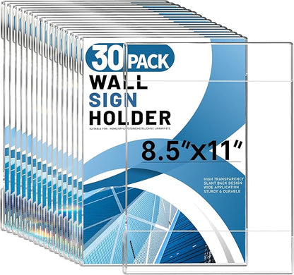 Aheroi 30Pcs Acrylic Sign Holder 8.5 x 11, Clear Wall Sign Holder 8.5 x 11 Wall Mount with 60 Tape, No Drilling Acrylic Wall Frame Paper Holder Document Holder for Office Home Restaurant